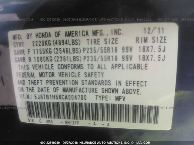 5J8TB1H56CA004700 - 2012 ACURA RDX TECHNOLOGY BLACK photo 9