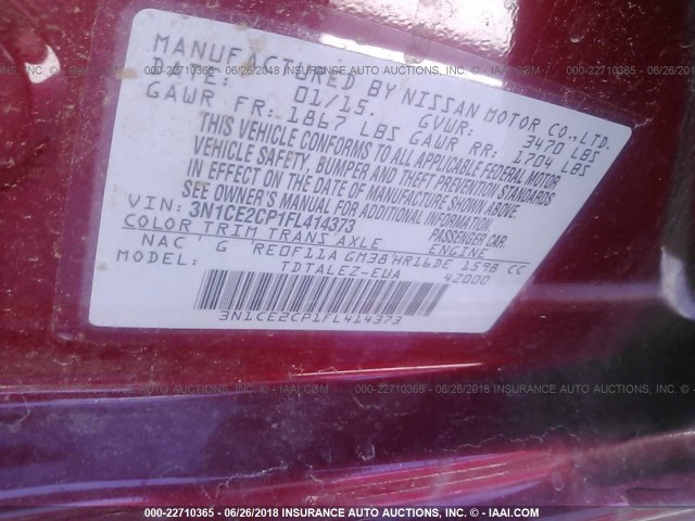 3N1CE2CP1FL414373 - 2015 NISSAN VERSA NOTE S/S PLUS/SV/SL/SR RED photo 9