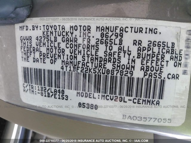4T1BF22K5XU087829 - 1999 TOYOTA CAMRY LE/XLE TAN photo 9
