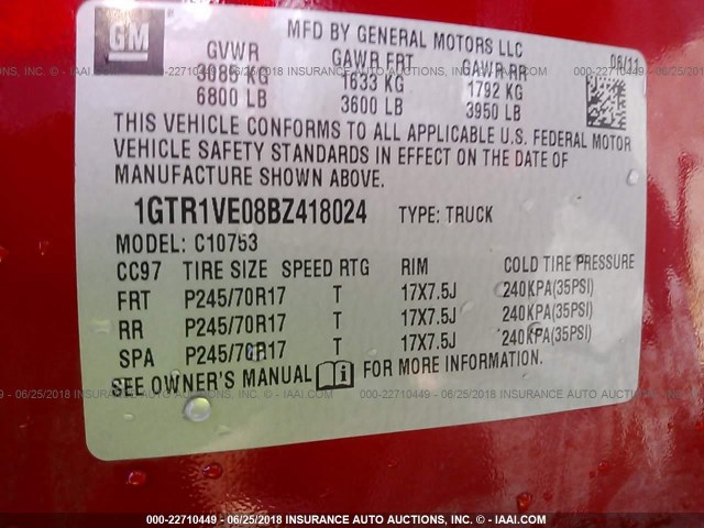 1GTR1VE08BZ418024 - 2011 GMC SIERRA C1500 SLE RED photo 9