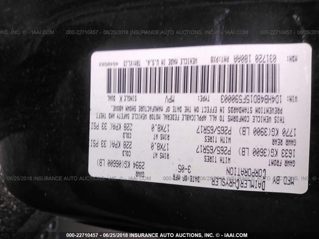 1D4HB48D15F590003 - 2005 DODGE DURANGO SLT BLACK photo 9