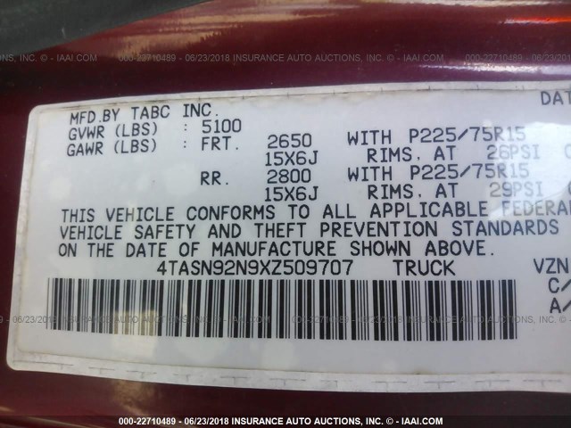 4TASN92N9XZ509707 - 1999 TOYOTA TACOMA XTRACAB PRERUNNER წითელი ფოტო 9