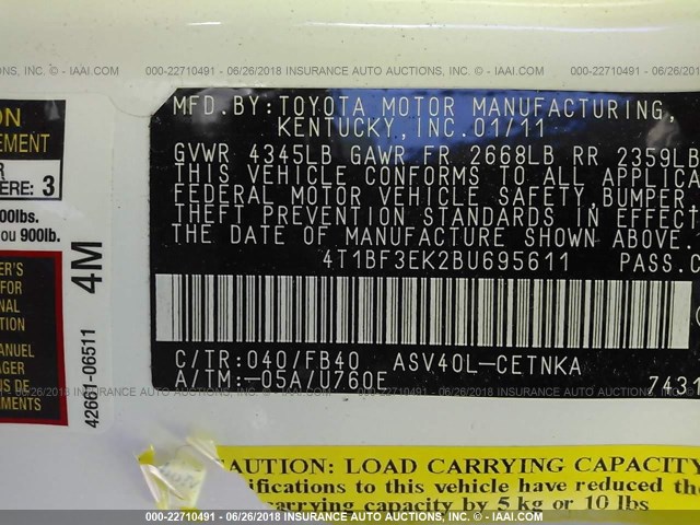 4T1BF3EK2BU695611 - 2011 TOYOTA CAMRY SE/LE/XLE WHITE photo 9