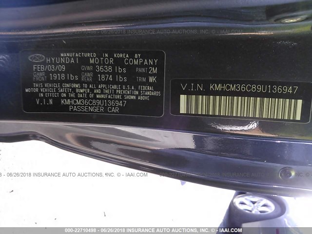 KMHCM36C89U136947 - 2009 HYUNDAI ACCENT GS GRAY photo 9