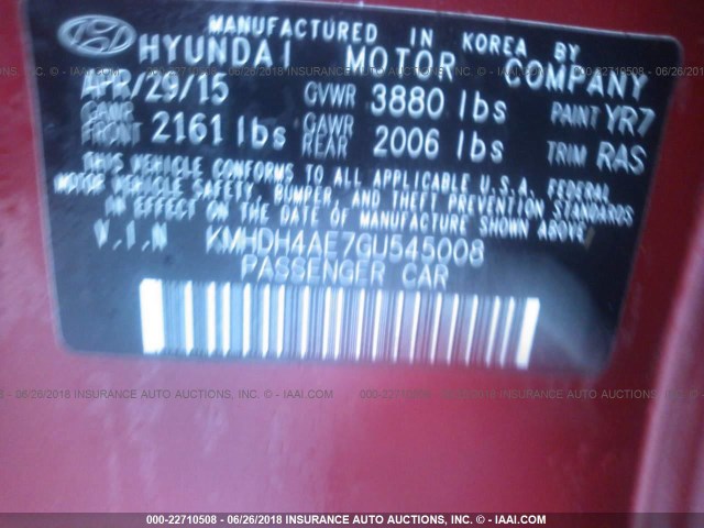 KMHDH4AE7GU545008 - 2016 HYUNDAI ELANTRA SE/SPORT/LIMITED RED photo 9