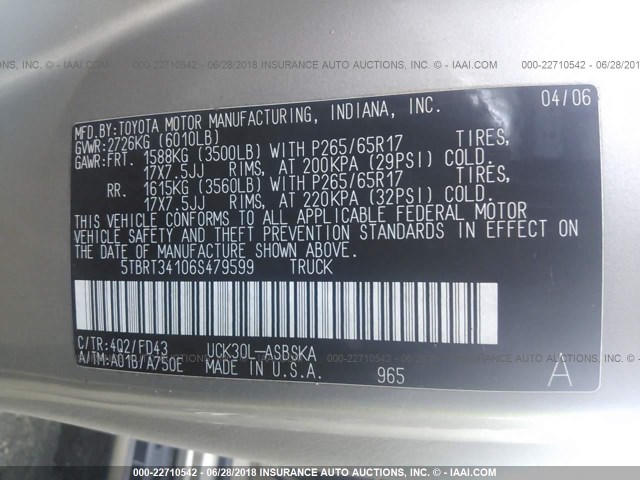 5TBRT34106S479599 - 2006 TOYOTA TUNDRA ACCESS CAB SR5 BEIGE photo 9