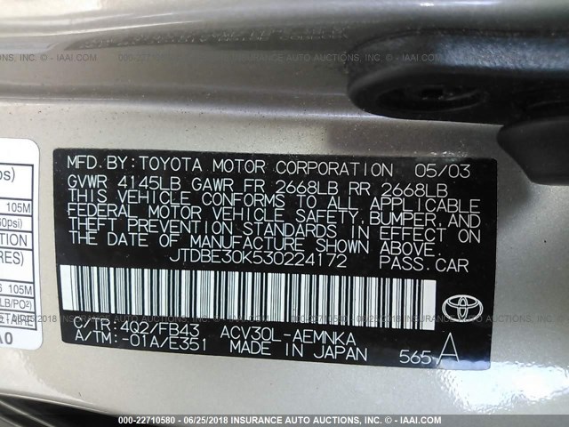 JTDBE30K530224172 - 2003 TOYOTA CAMRY LE/XLE Champagne photo 9