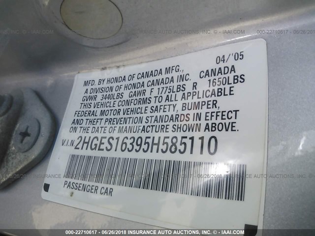 2HGES16395H585110 - 2005 HONDA CIVIC DX VP SILVER photo 9