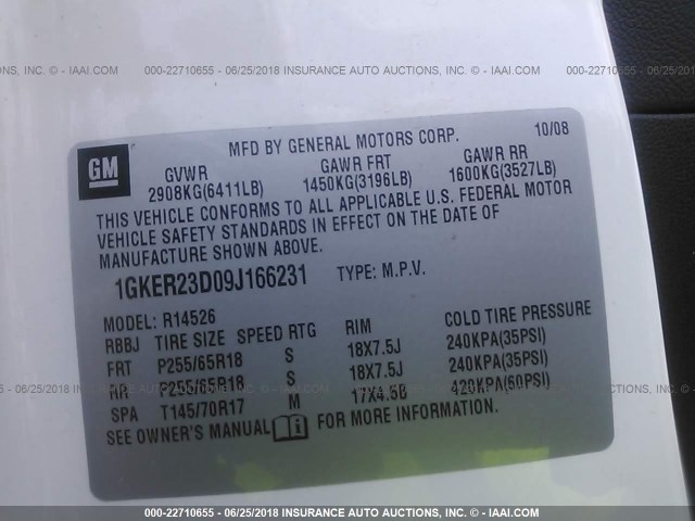 1GKER23D09J166231 - 2009 GMC ACADIA SLT-1 Weiß Foto 9