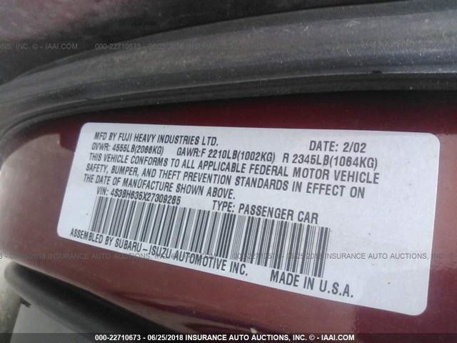 4S3BH635X27309285 - 2002 SUBARU LEGACY L MAROON photo 9