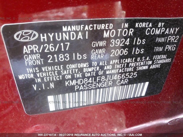 KMHD84LF8JU466525 - 2018 HYUNDAI ELANTRA SEL/VALUE/LIMITED RED photo 9