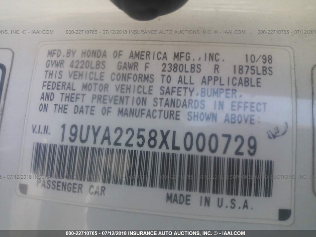 19UYA2258XL000729 - 1999 ACURA 3.0CL WHITE photo 9