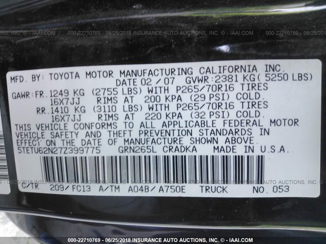 5TETU62N27Z399775 - 2007 TOYOTA TACOMA PRERUNNER ACCESS CAB BLACK photo 9