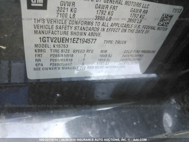 1GTV2UEH1EZ194577 - 2014 GMC SIERRA K1500 SLE GRAY photo 9