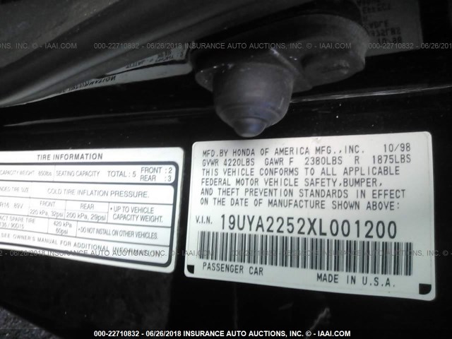 19UYA2252XL001200 - 1999 ACURA 3.0CL BLACK photo 9