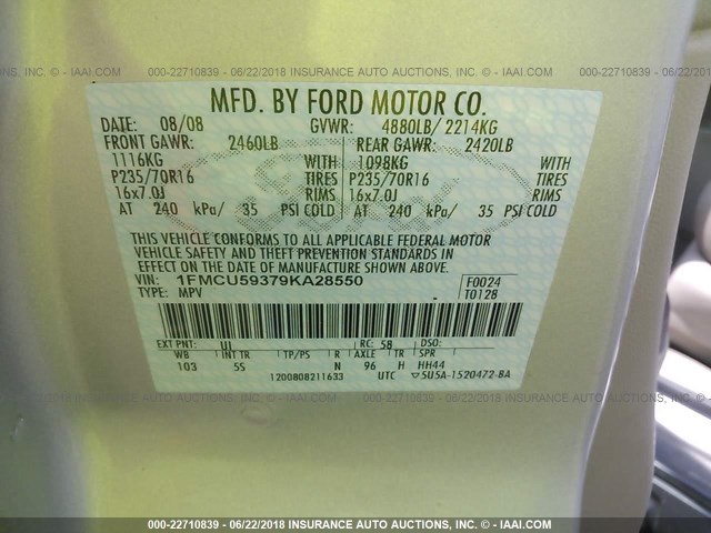 1FMCU59379KA28550 - 2009 FORD ESCAPE HYBRID SILVER photo 9