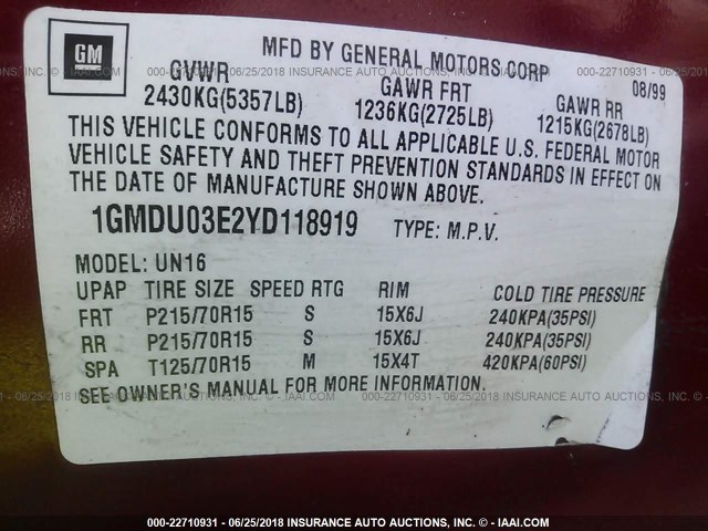 1GMDU03E2YD118919 - 2000 PONTIAC MONTANA RED photo 9