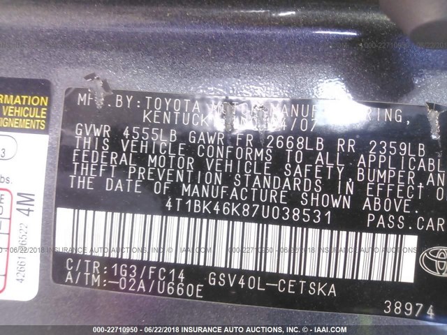 4T1BK46K87U038531 - 2007 TOYOTA CAMRY NEW GENERAT LE/XLE/SE GRAY photo 9