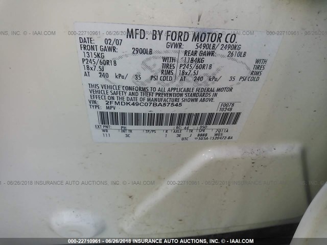 2FMDK49C07BA57545 - 2007 FORD EDGE SEL PLUS CREAM photo 9