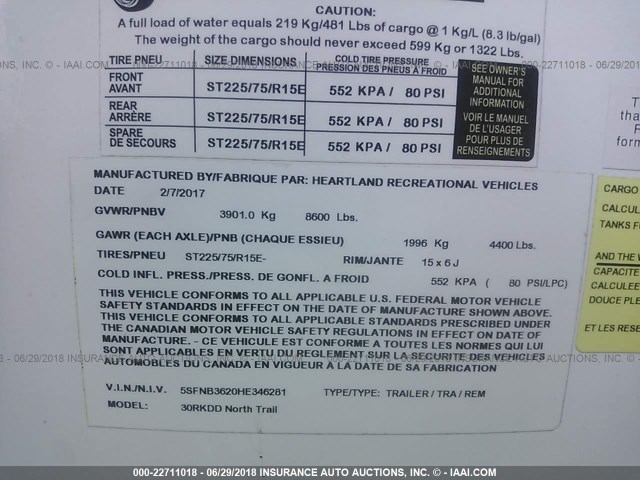 5SFNB3620HE346281 - 2017 HEARTLAND NORTH TRAIL  白色 照片 9