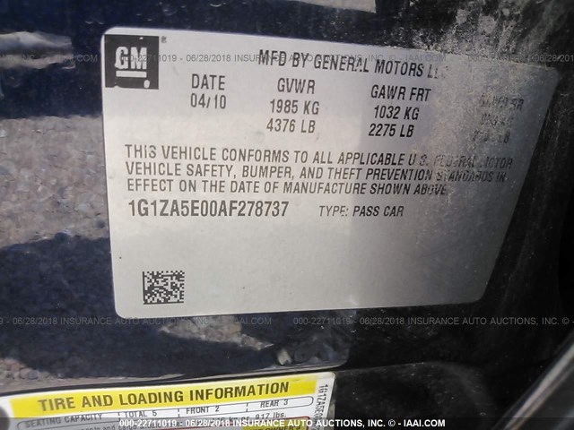 1G1ZA5E00AF278737 - 2010 CHEVROLET MALIBU LS BLUE photo 9