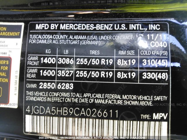 4JGDA5HB9CA026611 - 2012 MERCEDES-BENZ ML 350 4MATIC BLACK photo 9