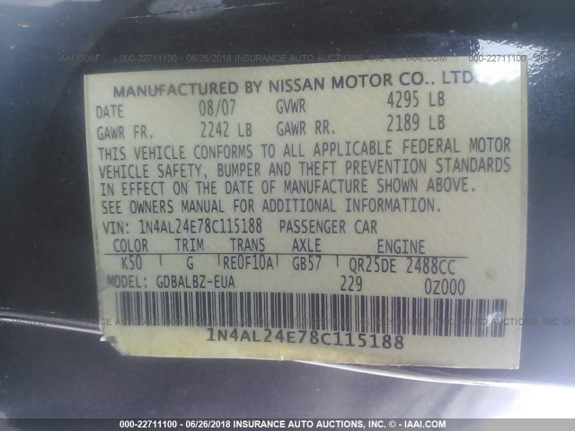 1N4AL24E78C115188 - 2008 NISSAN ALTIMA 2.5S GRAY photo 9