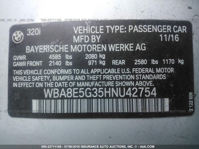 WBA8E5G35HNU42754 - 2017 BMW 320 XI SILVER photo 9