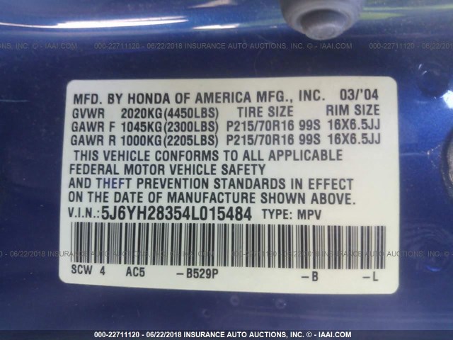 5J6YH28354L015484 - 2004 HONDA ELEMENT LX BLUE photo 9