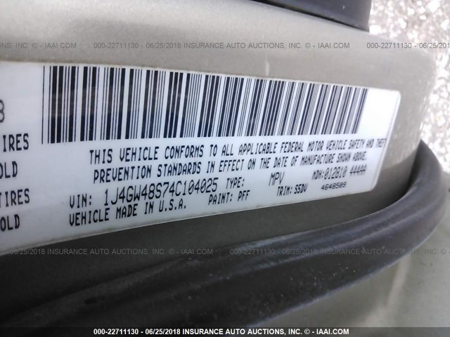 1J4GW48S74C104025 - 2004 JEEP GRAND CHEROKEE LAREDO/COLUMBIA/FREEDOM 金色 照片 9