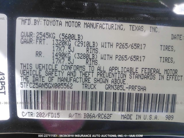 5TFCZ5AN5GX005562 - 2016 TOYOTA TACOMA DBL CAB/SR/SR5/TRD SPT/OR BLACK photo 9