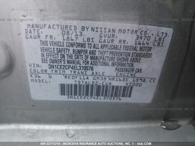 3N1CE2CP4EL370576 - 2014 NISSAN VERSA NOTE S/S PLUS/SV/SL GRAY photo 9