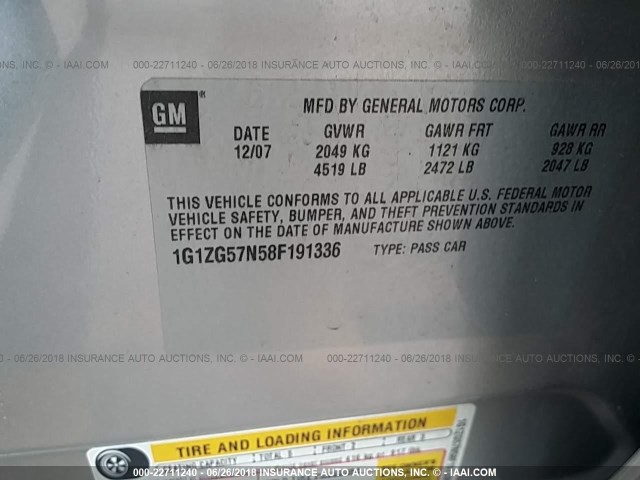 1G1ZG57N58F191336 - 2008 CHEVROLET MALIBU LS SILVER photo 9