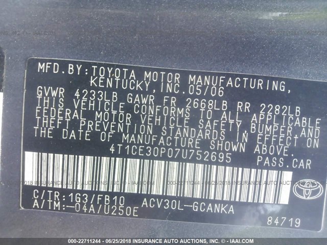 4T1CE30P07U752695 - 2007 TOYOTA CAMRY SOLARA SE/SLE ნაცრისფერი ფოტო 9