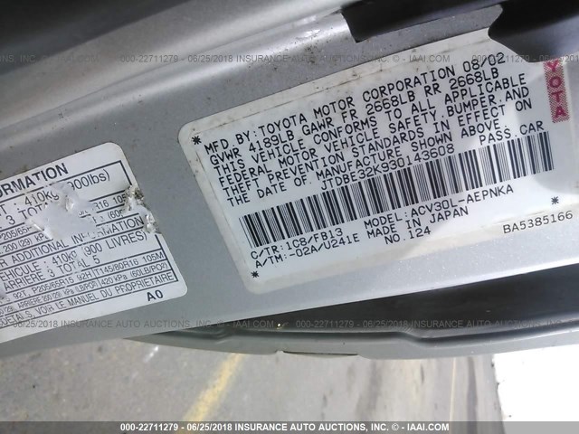 JTDBE32K930143608 - 2003 TOYOTA CAMRY LE/XLE SILVER photo 9