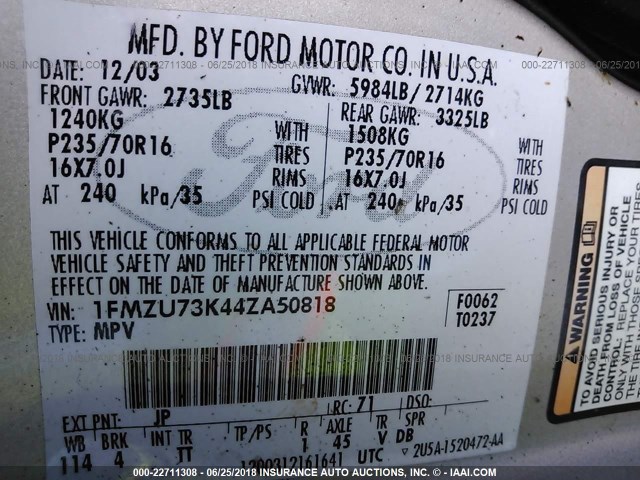 1FMZU73K44ZA50818 - 2004 FORD EXPLORER XLT/XLT SPORT/NBX 米色 照片 9