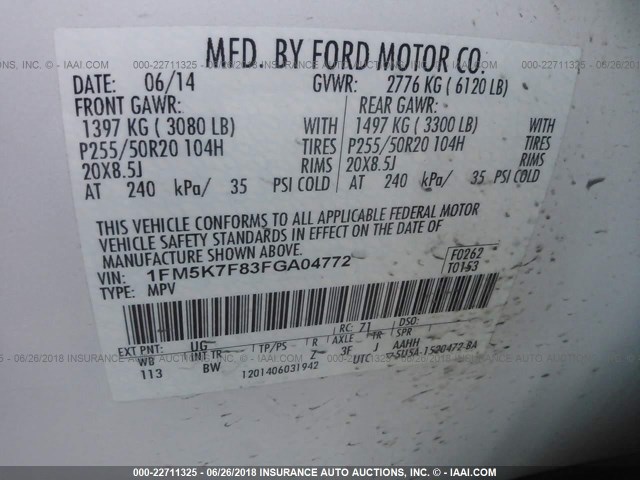 1FM5K7F83FGA04772 - 2015 FORD EXPLORER LIMITED 白色 照片 9