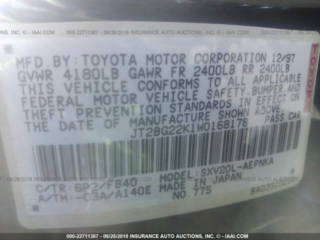 JT2BG22K1W0168178 - 1998 TOYOTA CAMRY CE/LE/XLE GREEN photo 9