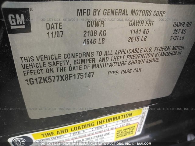 1G1ZK577X8F175147 - 2008 CHEVROLET MALIBU LTZ შავი ფოტო 9