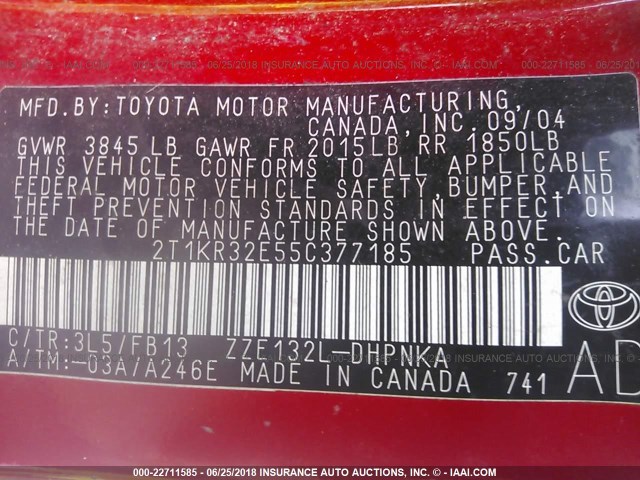 2T1KR32E55C377185 - 2005 TOYOTA COROLLA MATRIX XR RED photo 9