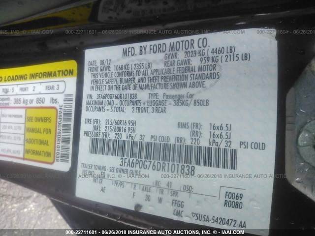 3FA6P0G76DR101838 - 2013 FORD FUSION S PURPLE photo 9