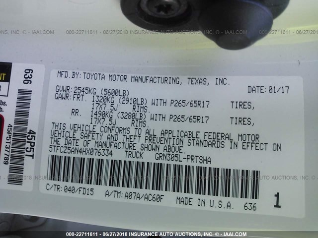 5TFCZ5AN4HX076334 - 2017 TOYOTA TACOMA DBL CAB/SR/TRDSPT/OR/PRO თეთრი ფოტო 9