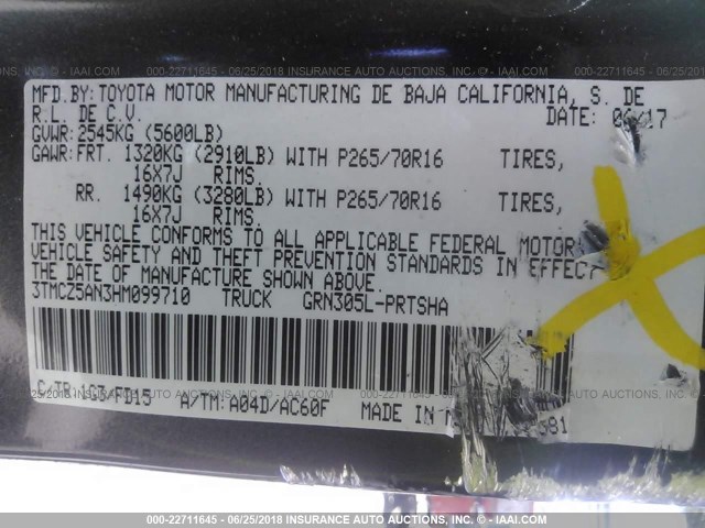 3TMCZ5AN3HM099710 - 2017 TOYOTA TACOMA DBL CAB/SR/TRDSPT/OR/PRO ნაცრისფერი ფოტო 9