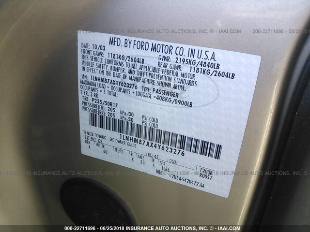 1LNHM87AX4Y623276 - 2004 LINCOLN LS BEIGE photo 9