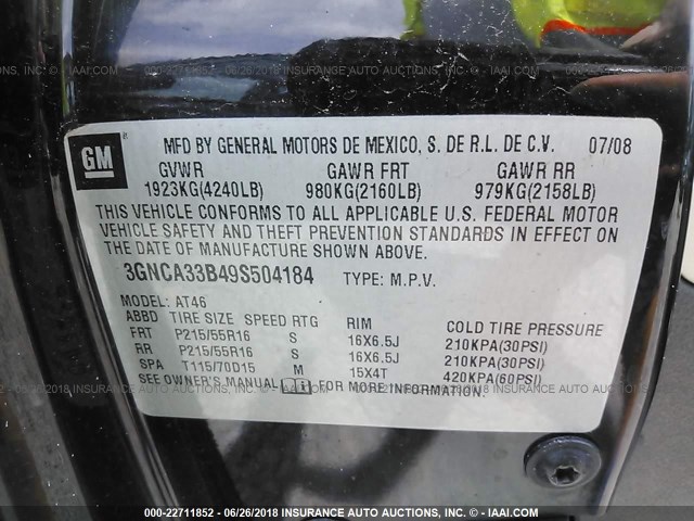 3GNCA33B49S504184 - 2009 CHEVROLET HHR LS BLACK photo 9