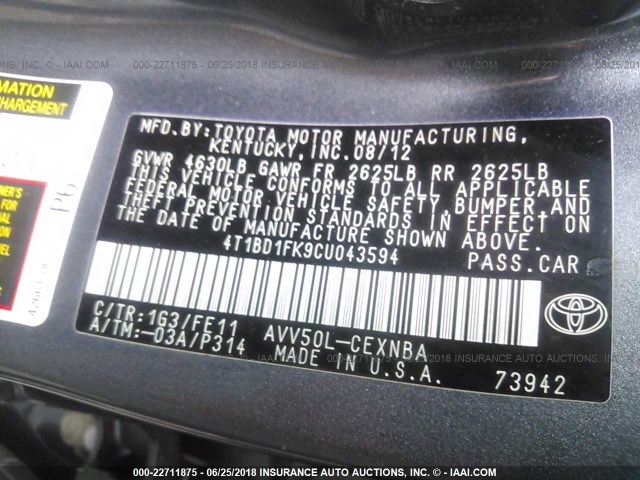 4T1BD1FK9CU043594 - 2012 TOYOTA CAMRY HYBRID/LE/XLE GRAY photo 9