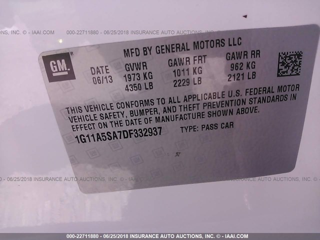 1G11A5SA7DF332937 - 2013 CHEVROLET MALIBU LS Ақ фото 9