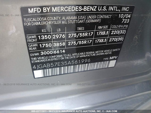 4JGAB57E35A561996 - 2005 MERCEDES-BENZ ML 350 SILVER photo 9