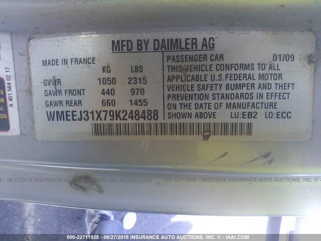 WMEEJ31X79K248488 - 2009 SMART FORTWO PURE/PASSION BLUE photo 9