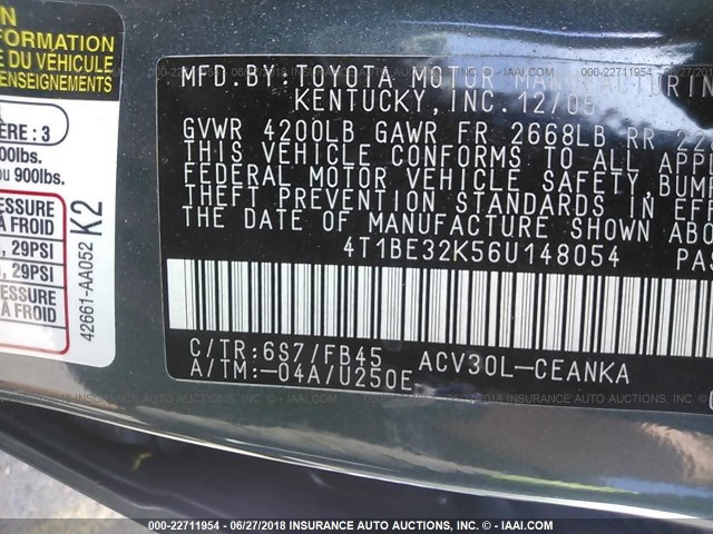 4T1BE32K56U148054 - 2006 TOYOTA CAMRY LE/XLE/SE Yaşıl foto 9